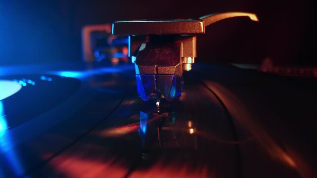 Spinning Record In Colorful Led Light On Vinyl Player. Close-Up View. Vivid 