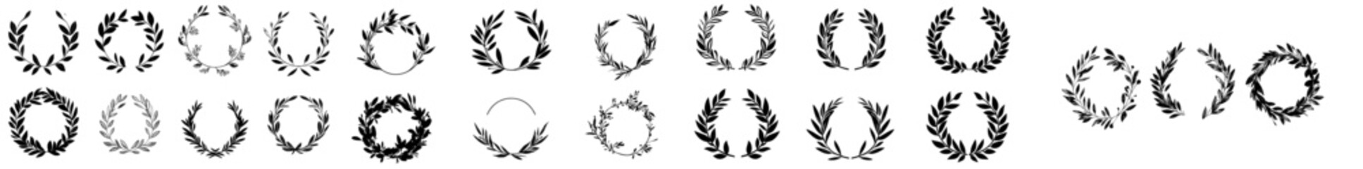 Hand-drawn laurel wreaths, outlined in a silhouette style, isolated as doodle floral frames.