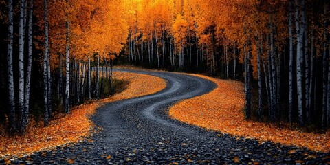 Scenic winding road surrounded by vibrant autumn trees and colorful fallen leaves