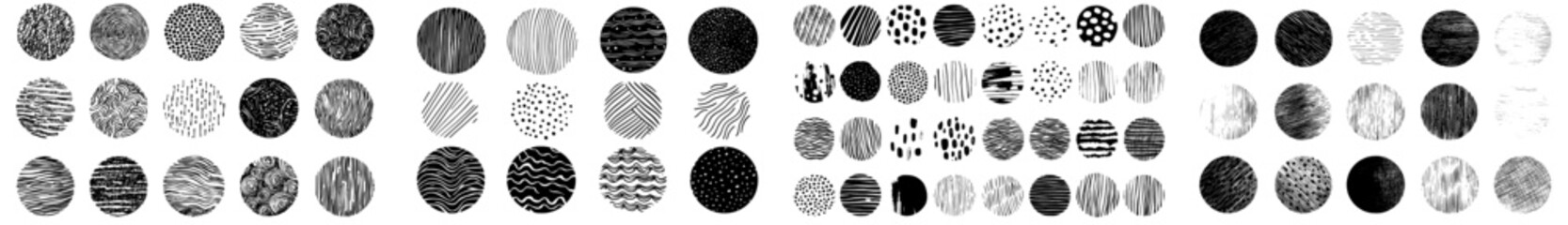 A hand-drawn texture featuring doodled circles. A trendy abstract set of black shapes including lines, circles, and drops. Organic hand-drawn doodle shapes.