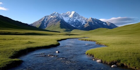 Serene Mountain Landscape with Snow-Capped Peaks and Calm River in Bright Sunshine
