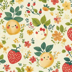 A playful fruit-themed pattern with cartoon bananas, pineapples, and watermelons, each adorned with cute faces, surrounded by tiny blossoms and leaves in vibrant tones of green, yellow, and 