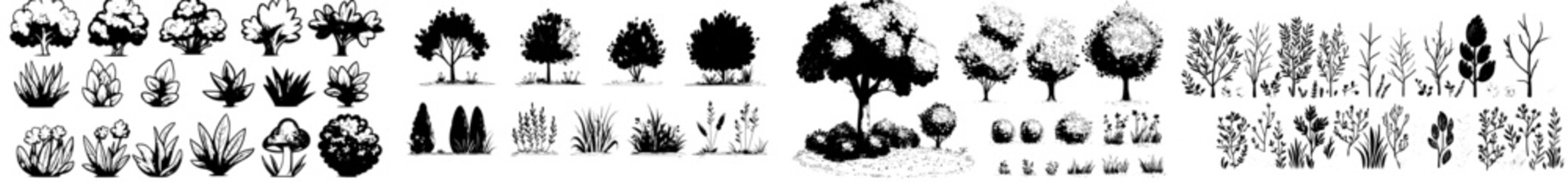 Trendy cartoon forest plants. Summer botanical plants and tropical trees, garden bushes, and tropical foliage, modern isolated nature floral elements.