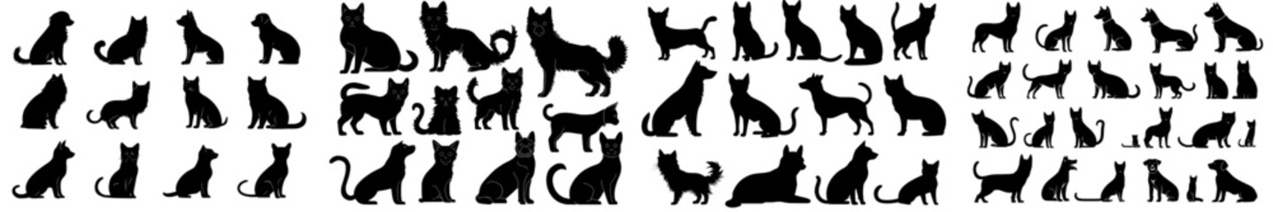 Silhouettes of dogs in various breeds, showcasing cute domestic animals in different poses such as standing, walking, and sitting. A modern collection of puppies.