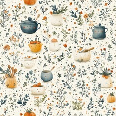 A playful kitchen-themed pattern with smiling utensils, pots, and pans surrounded by tiny vegetables, sprigs of herbs, and rolling pins in muted pastel tones on a cream background. 
