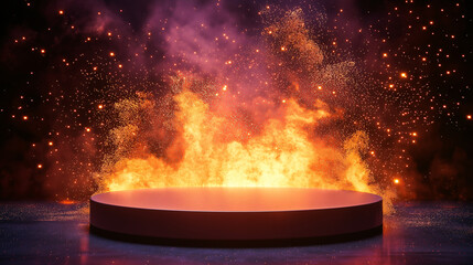 Explosive fire performance stage visual art dramatic setting close-up entertainment theme