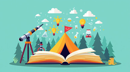 Attractive flat design graphic element of a science camp with telescope, microscope, science-themed pictures and a tent in the shape of an open book. vector illustration.
