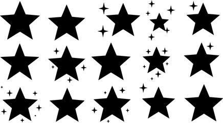 Fototapeta premium Collection of different vector sparkling stars icon, decorative twinkle and bursts forms, abstract shining flash symbols, glowing light effect, y2k style basic shapes geometric graphic elements