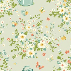 A playful spring garden pattern featuring cheerful flowers, buzzing bees, and fluttering butterflies, surrounded by watering cans, shovels, and leafy branches in bright pastel tones on a light 