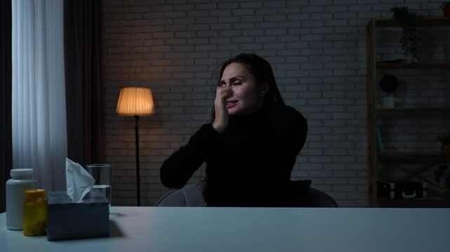 Woman suffering mental health issues, sitting at the table in front of camera, depressed expression, going mad and anxious, itching and shaking head.