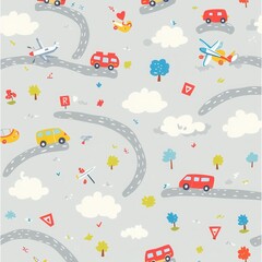 A playful transportation-themed pattern featuring smiling cars, airplanes, and trains surrounded by fluffy clouds, tiny trees, and road signs in vibrant primary colors on a light gray background. 