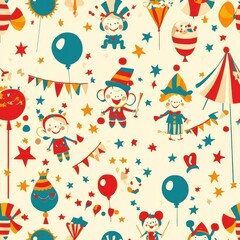 A repeating circus-themed pattern featuring happy clowns, colorful balloons, and juggling elephants, surrounded by stars, popcorn, and bunting flags in bright reds, blues, and yellows. 