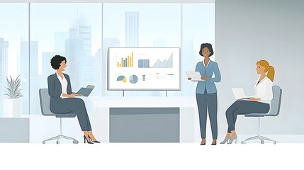 Obraz premium A flat vector illustration of three business people sitting and standing around in an office. One woman is presenting data on a board with charts