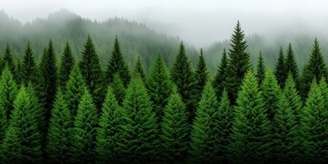 Fototapeta premium Lush Green Forest Landscape with Evergreen Trees and Misty Mountains in Background