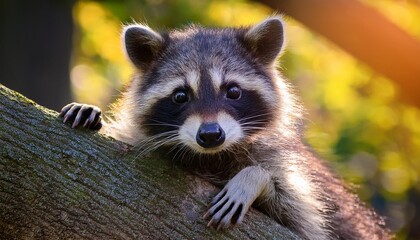 cute raccoon tree closeup climbing portrait animal wildlife nature