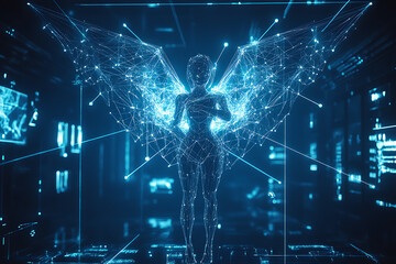 A glowing wireframe Cupid depicted on a transparent background, illuminated by a combination of blue and black data points. A blend of mythology and technology in a futuristic style.

