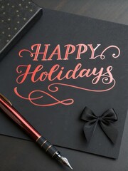 Elegant Red Script 'Happy Holidays' with Black Ribbon Bow