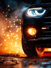 Dramatic Close-Up of a Car Wheel with Spark and Smoke Effects