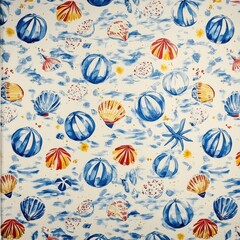 A whimsical beach-themed pattern showcasing cheerful seashells, starfish, and tiny sandcastles, surrounded by colorful beach balls, flip-flops, and sunshine rays in bright pastel tones. 