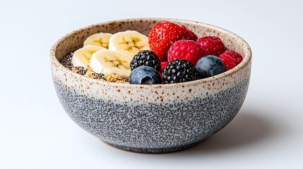 Healthy breakfast bowl with chia seeds, banana, strawberries, raspberries, and blueberries in a speckled bowl.