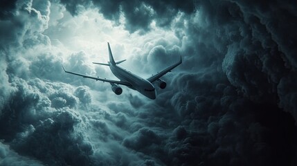 Airplane soaring amidst turbulent storm clouds, dramatic lighting highlighting the aircraft as it navigates challenging skies.