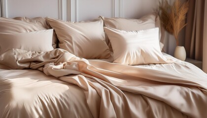 light beige satin bedding on the bed pillows and blanket