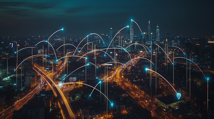 Smart digital city with connection cyber security network reciprocity over the cityscape . future smart wireless digital city and social media networking systems that connects people within the city