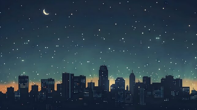 Dark city skyline under a starry night sky with a crescent moon above