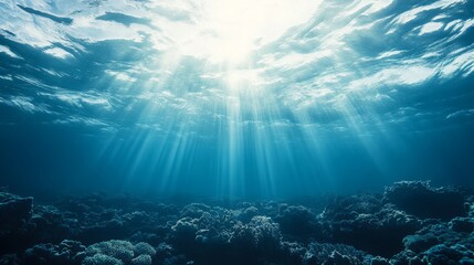 Fototapeta premium Underwater scene with sunlight rays illuminating coral reefs.