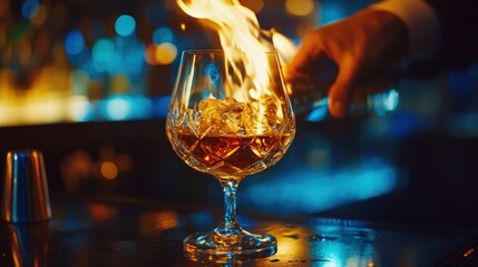 A flaming cocktail in a glass, showcasing a dramatic drink presentation at a bar.