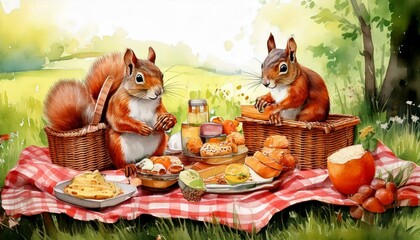 Fototapeta premium Watercolor picnic setup with quirky details like a squirrel stealing a sandwich