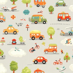 A whimsical transportation-themed pattern showcasing happy cartoon cars, airplanes, and bicycles surrounded by tiny clouds, trees, and traffic lights in bright primary colors on a pale gray 