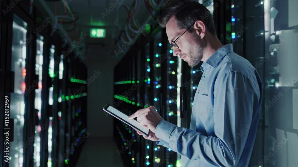 Leinwandbilder data center technician monitors server performance using tablet in high-tech facility