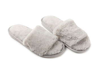 Soft slippers isolated on white background. Home slippers. Comfortable shoes for home. Foot care concept. Home comfort. Space for text. Copy space.