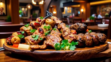 An artfully arranged platter of traditional Arabic grilled meats, including juicy kebabs, tender lamb skewers, and flavorful kofta, garnished with fresh parsley and a side of grilled vegetables.