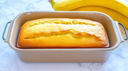 Freshly Baked Banana Bread in Baking Dish with Ripe Bananas in Background