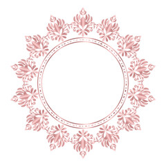 Round damask ornament, Decorative rose gold frame, Elegant vector element for design in Eastern style, beauty place for text, Motif Ikat floral border, Lace illustration for invitations and cards
