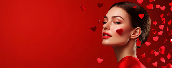 Stylish Woman with Hearts and Red Backdrop