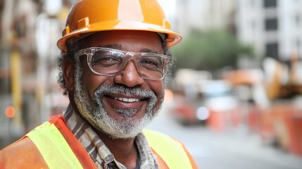A construction worker beams with pride while wearing a hard hat and reflective vest in an outdoor setting filled with activity