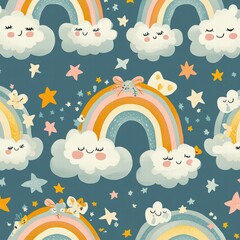 A charming rainbow-themed pattern featuring hand-drawn rainbows, fluffy clouds, and sparkling stars in soft pastel shades of pink, yellow, and blue, creating a dreamy and cheerful design. 