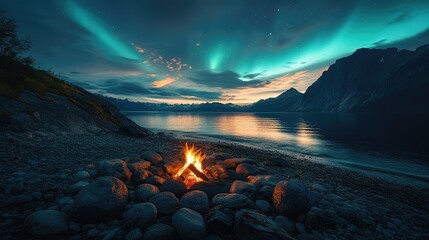 A warm campfire flickers against the shimmering northern lights, creating a tranquil atmosphere in the wilderness by the lake