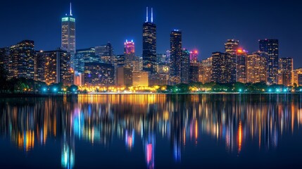 Fototapeta premium Nighttime city skyline reflecting on water, showcasing vibrant lights and urban beauty.