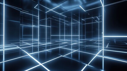 Neon Grid Room: Futuristic Interior with Glowing Lines and Reflective Surfaces