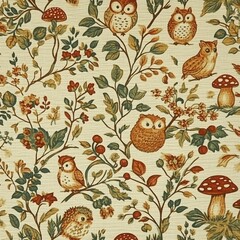A charming woodland-themed pattern showcasing cartoon owls, hedgehogs, and deer playing among mushrooms, berries, and leafy branches in soft autumnal tones of orange, green, and brown on a textured 