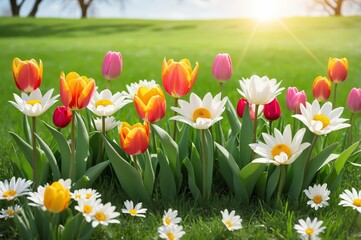 Fototapeta premium Colorful tulips and daisies in a sunny spring meadow.