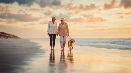 Senior Couple Walking Golden Retriever on a Beach at Sunset