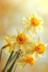 Fototapeta premium St. David's Day, delicate spring background, bouquet of daffodil yellow flowers close-up, vertical banner, bokeh effect, copy space, free space for text