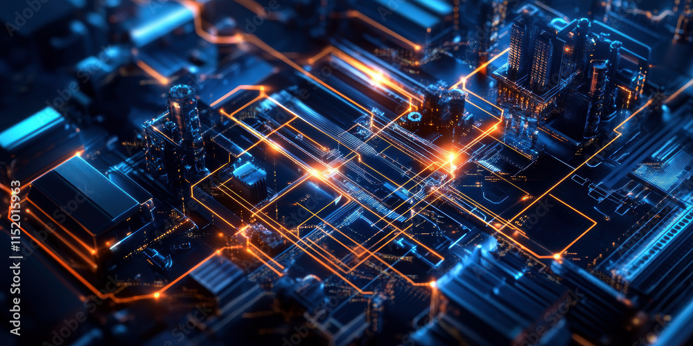 Poster this image showcases a detailed and vibrant representation of a futuristic circuit board, illuminate