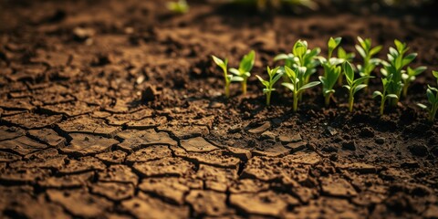 A row of green seedlings sprouts through cracked, dry soil, symbolizing resilience and the power of life to emerge even in harsh conditions.