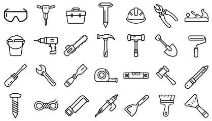 Line icons of various tools and equipment, minimalistic design